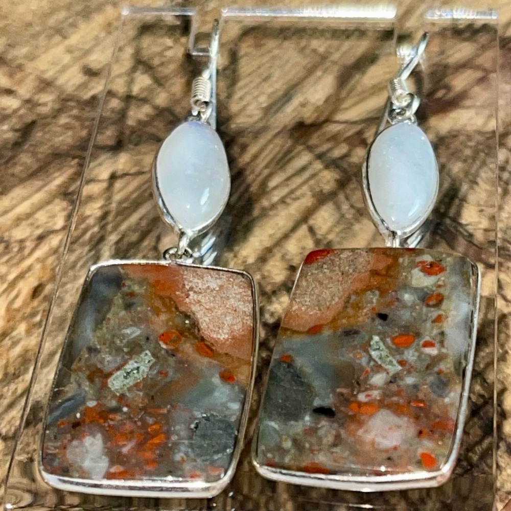 Rainbow Moonstone & Red Jasper Earrings 2 1/2”